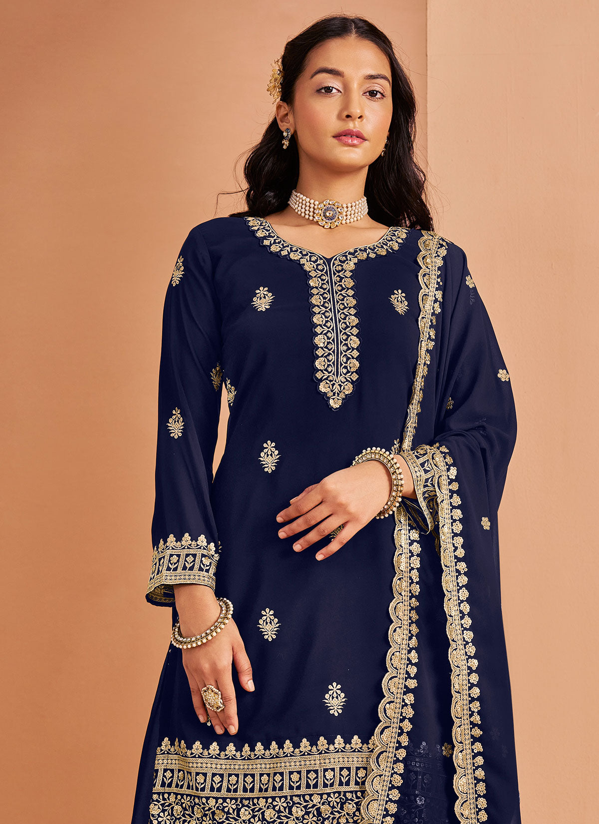 Navy Blue Georgette Palazzo Suit With Sequins Work
