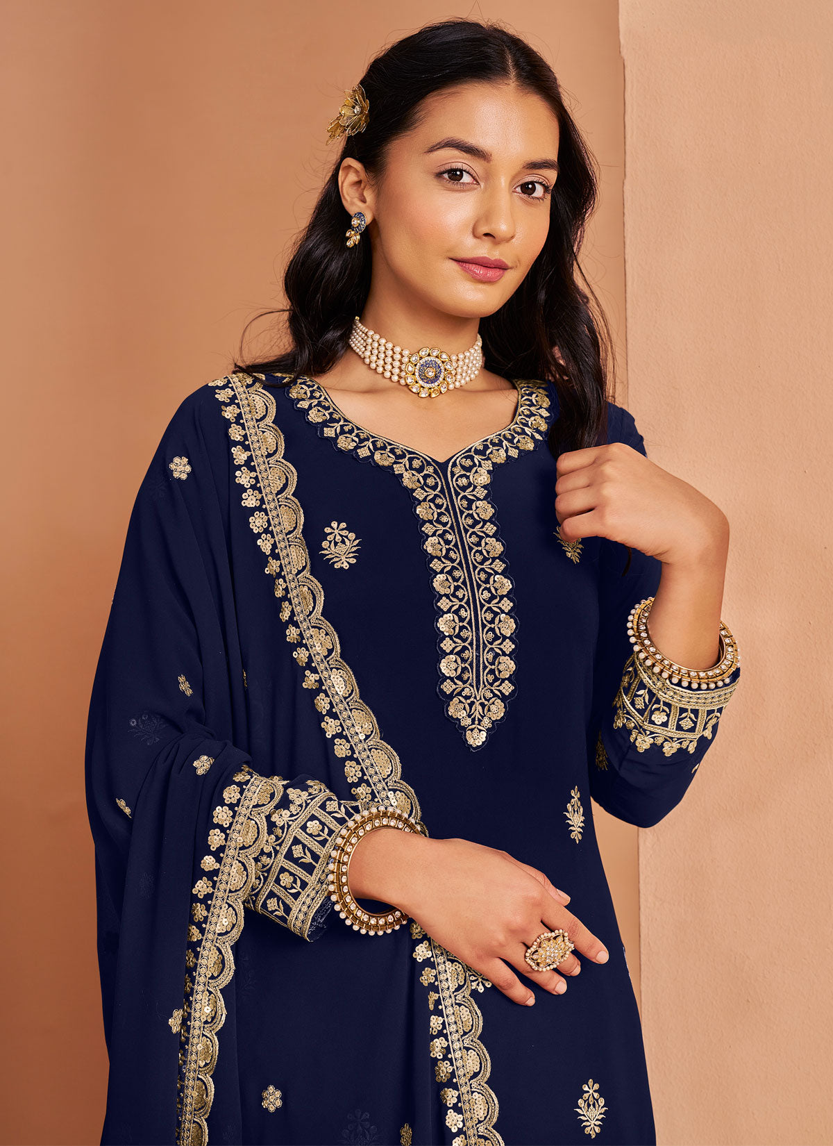 Navy Blue Georgette Palazzo Suit With Sequins Work