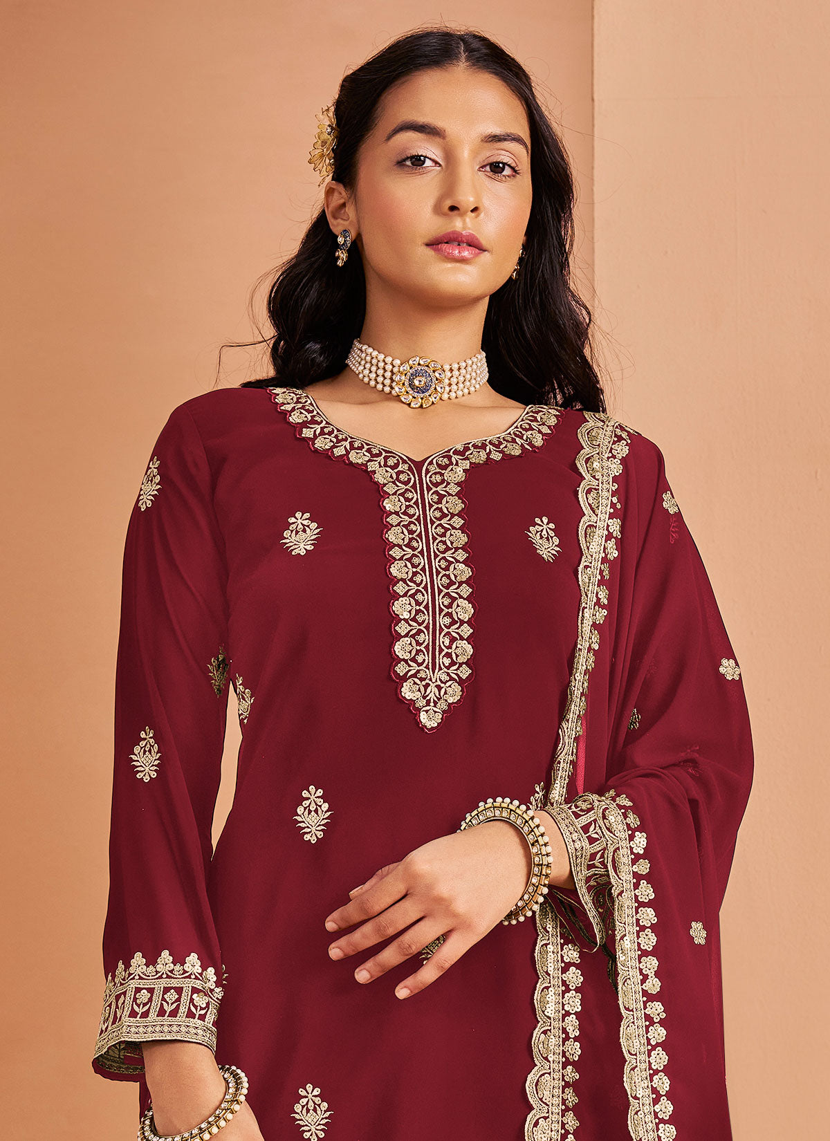 Red Georgette Palazzo Suit With Resham Work For Party