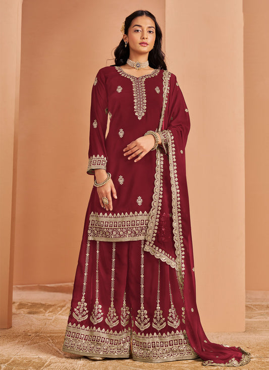 Red Georgette Palazzo Suit With Resham Work For Party