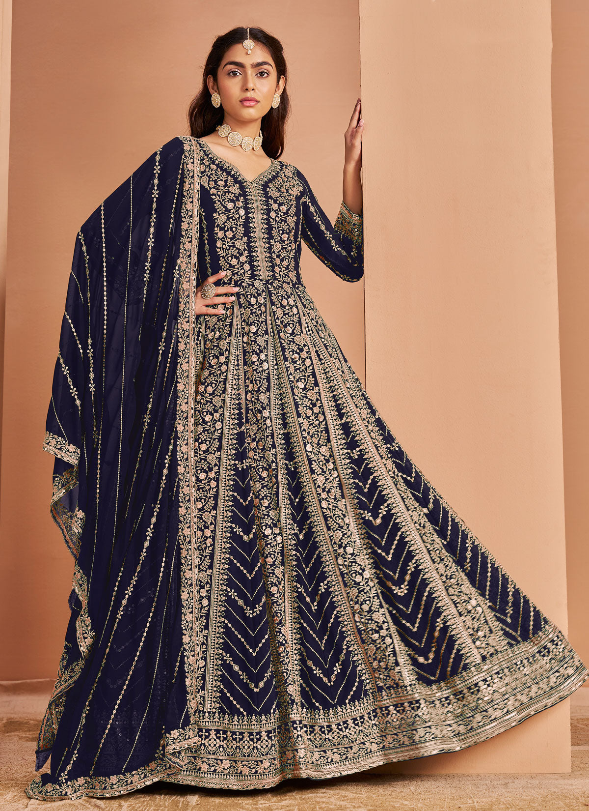 Georgette Anarkali Suit In Navy Blue With Resham Work