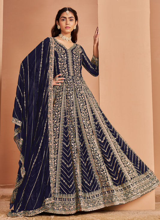 Georgette Anarkali Suit In Navy Blue With Resham Work