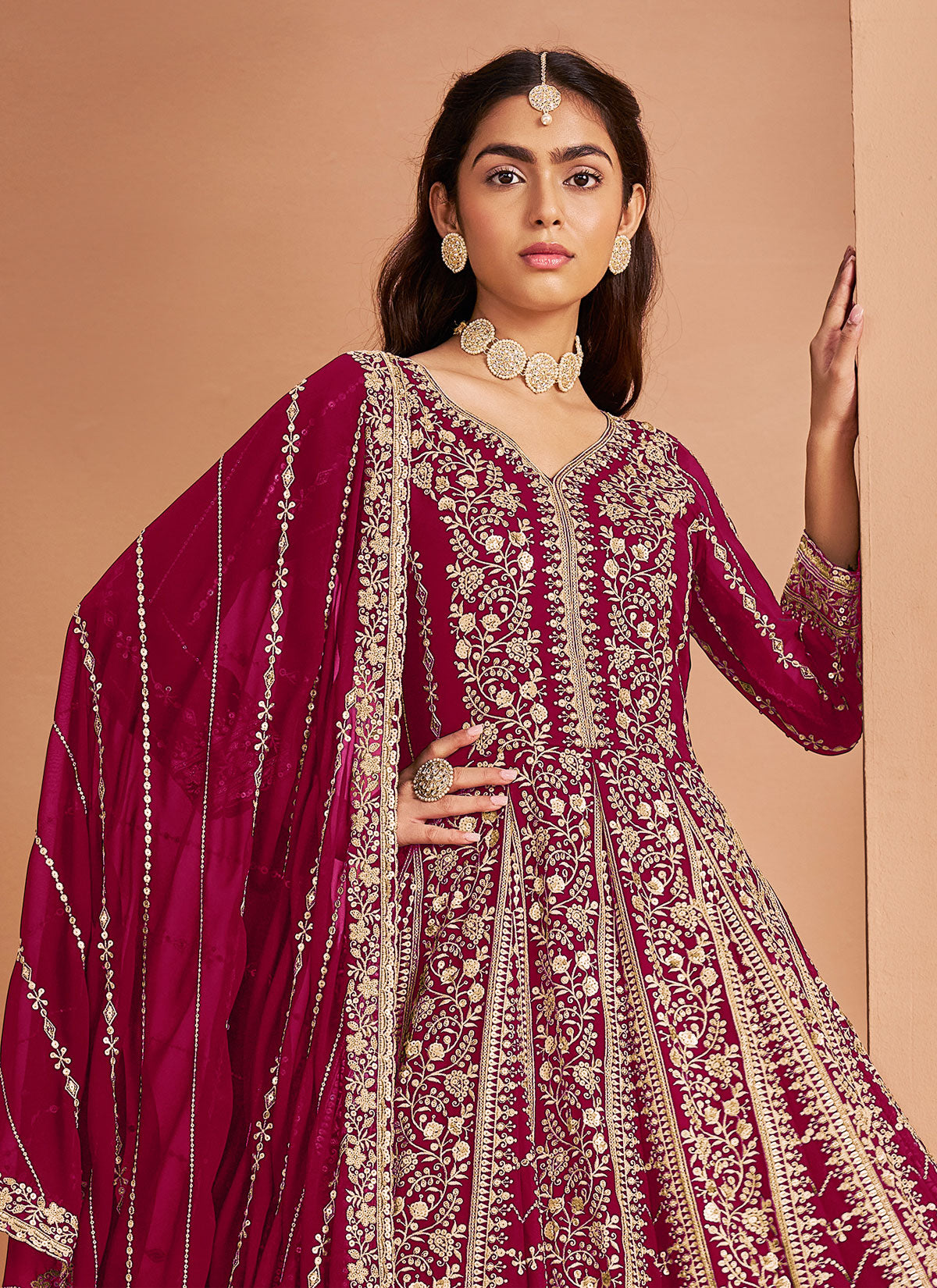 Georgette Anarkali Suit In Rose Pink With Resham Work For Party