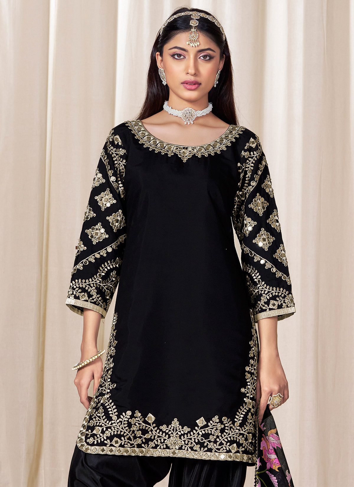 Silk Blend Punjabi Suit In Black With Embroidered Work For Women