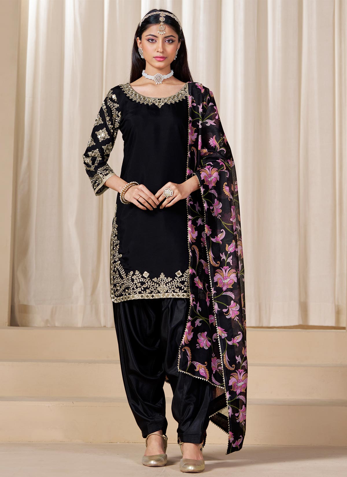 Silk Blend Punjabi Suit In Black With Embroidered Work For Women