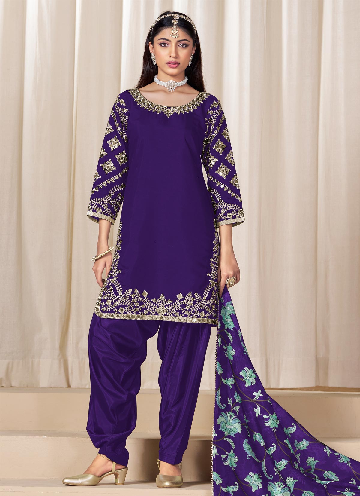 Silk Blend Punjabi Suit With Stones Work For Ceremonial In Purple