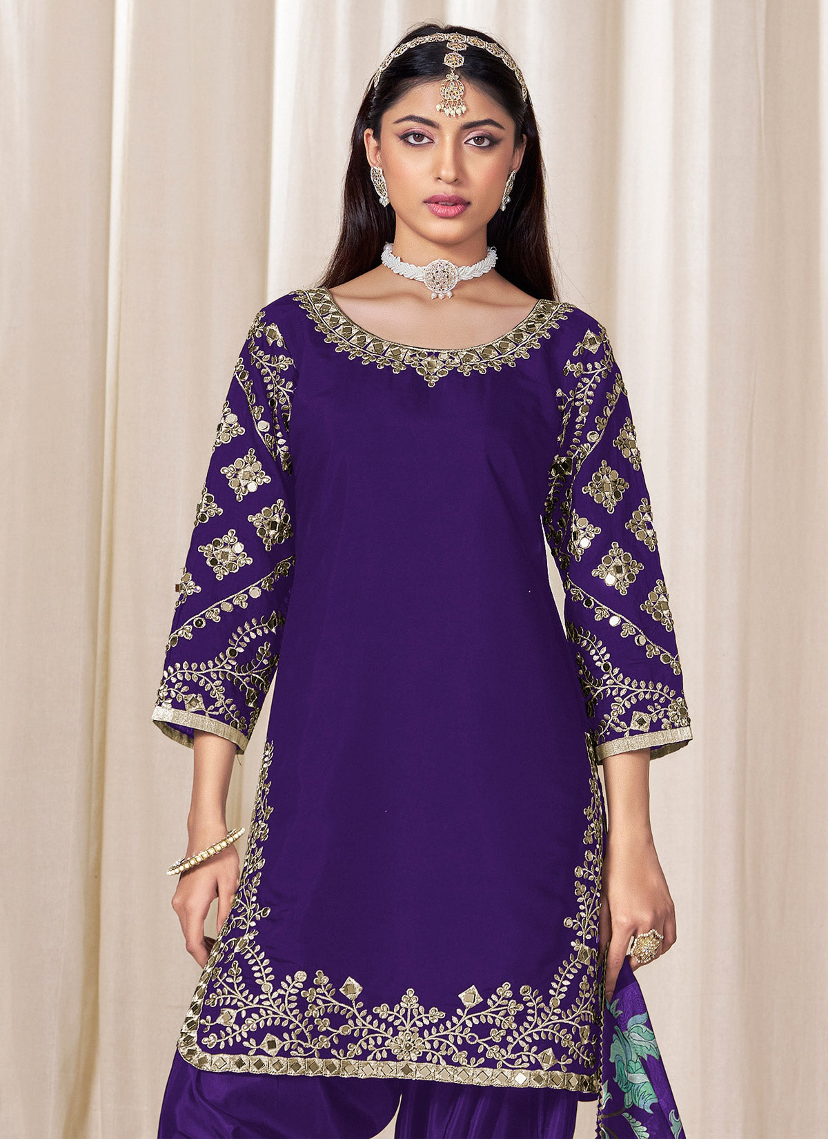 Silk Blend Punjabi Suit With Stones Work For Ceremonial In Purple