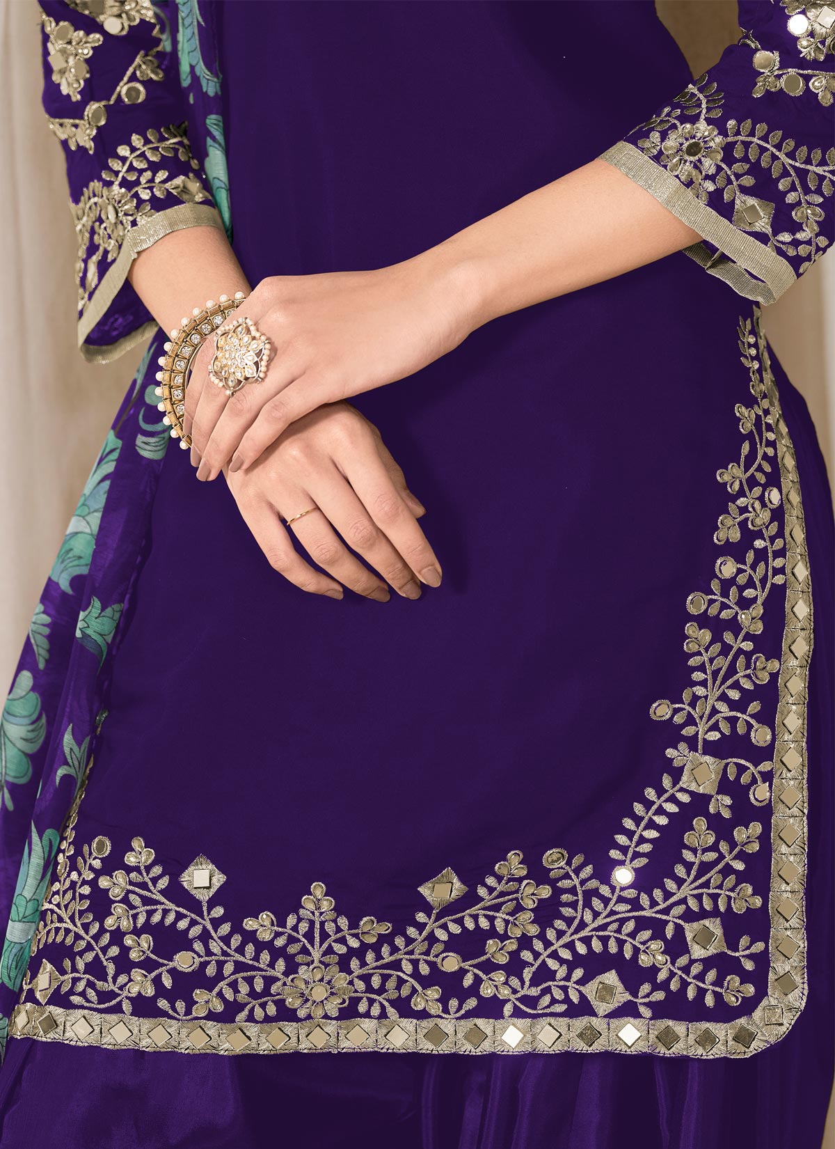 Silk Blend Punjabi Suit With Stones Work For Ceremonial In Purple
