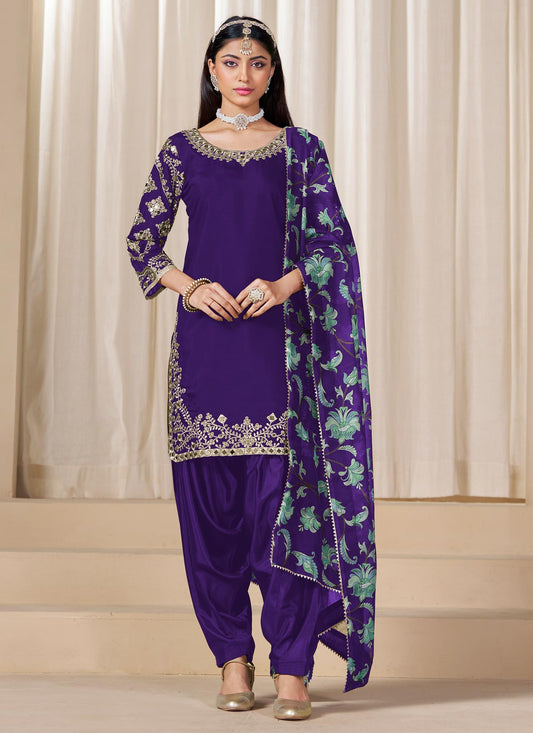 Silk Blend Punjabi Suit With Stones Work For Ceremonial In Purple