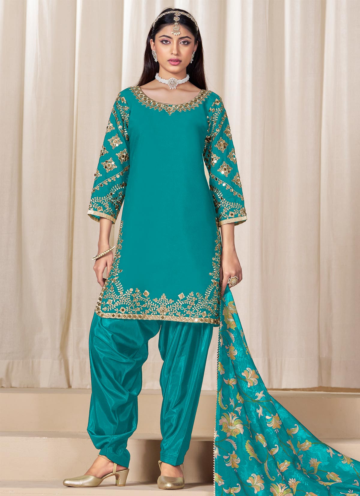 Silk Blend Punjabi Suit With Mirro Work For Festival In Aqua Blue