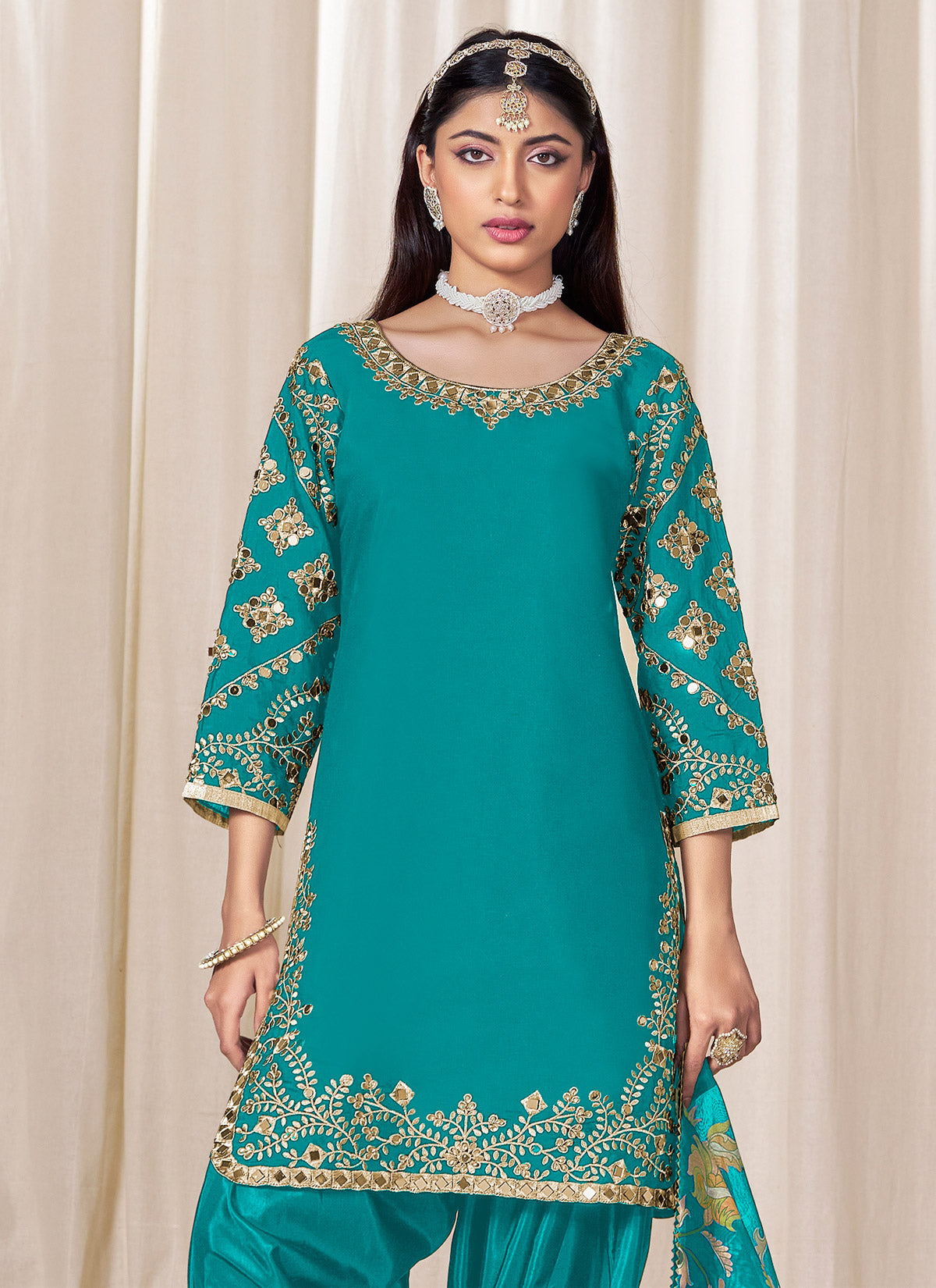 Silk Blend Punjabi Suit With Mirro Work For Festival In Aqua Blue