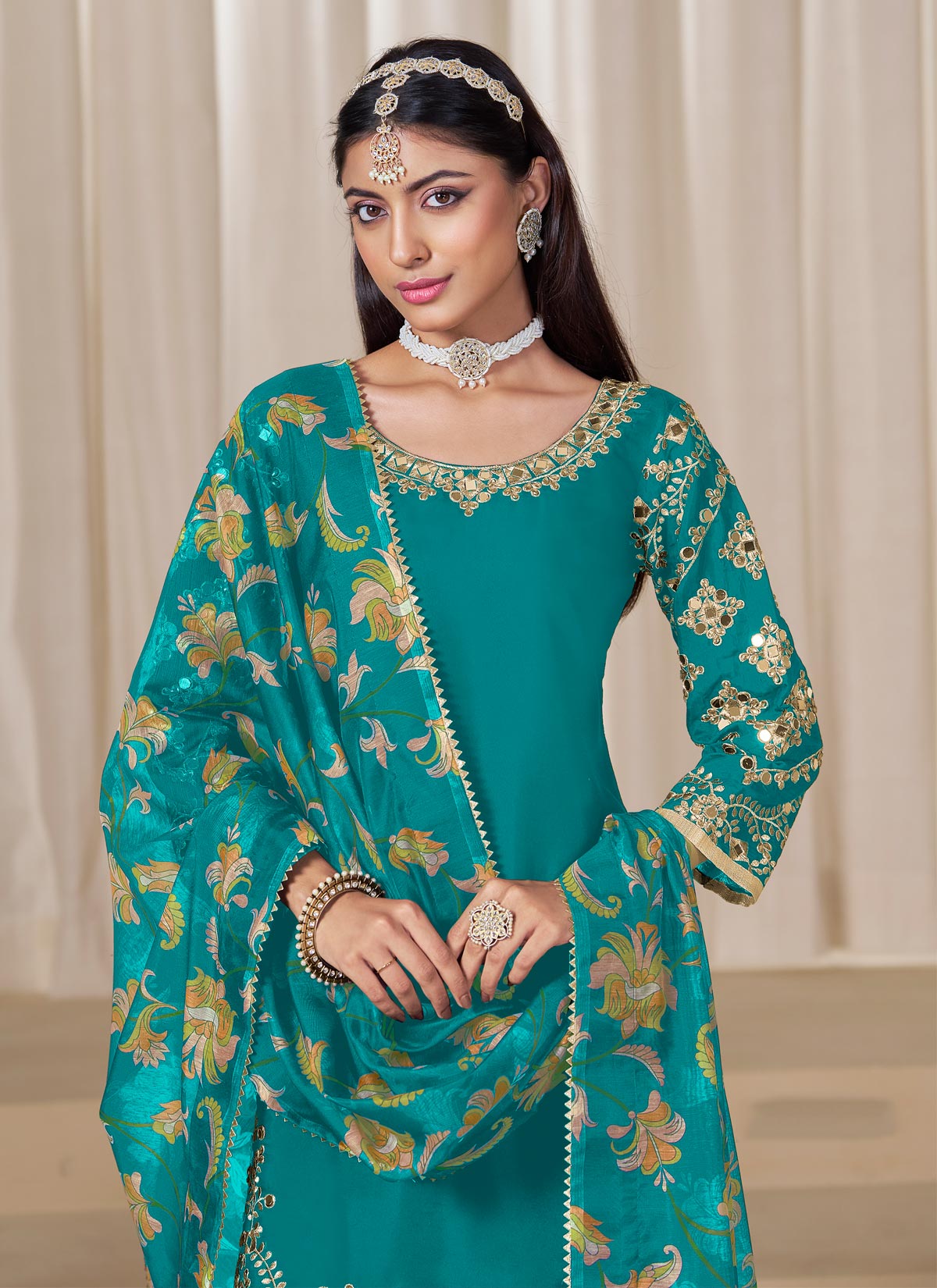 Silk Blend Punjabi Suit With Mirro Work For Festival In Aqua Blue