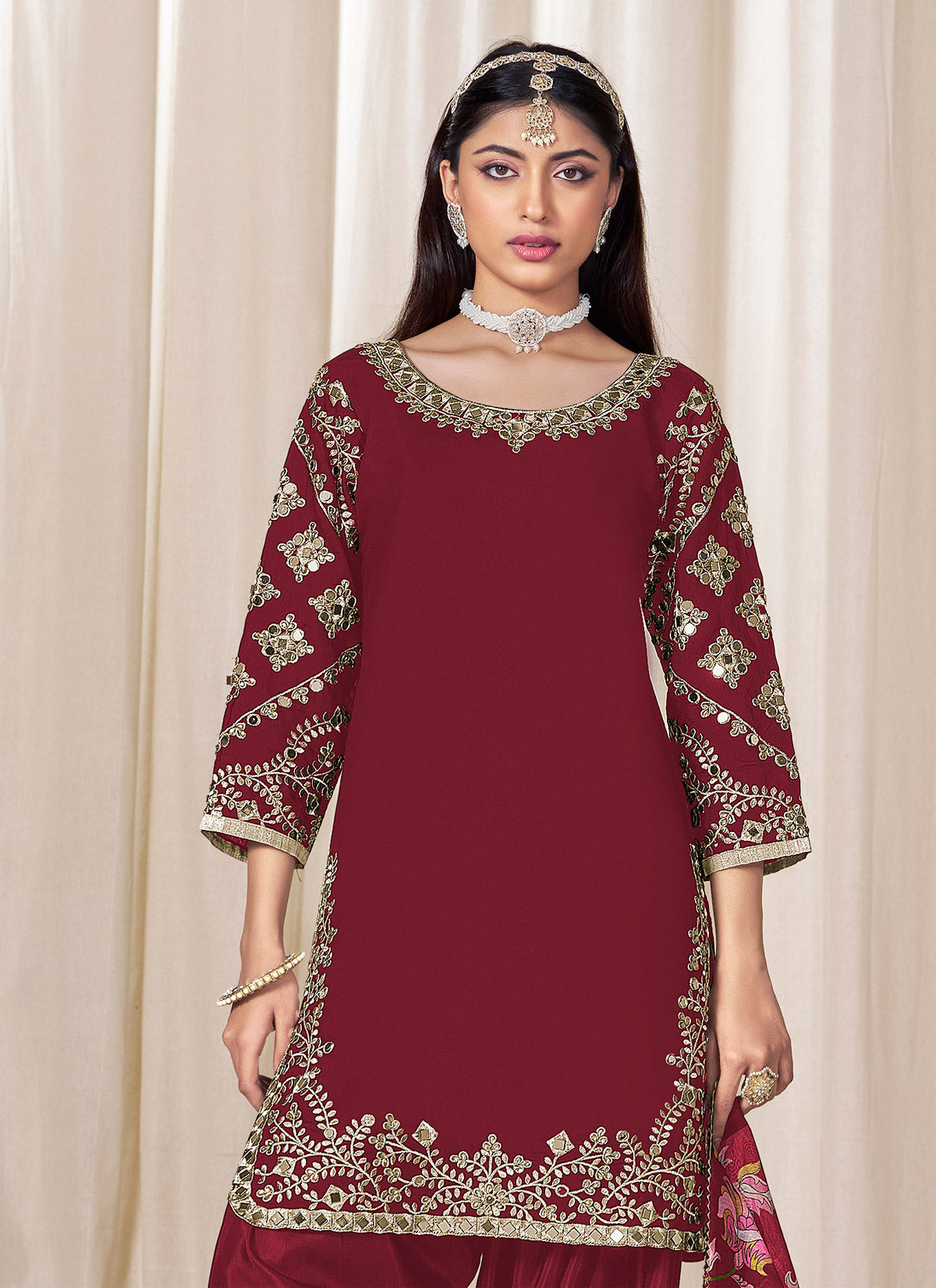 Embroidered Work Punjabi Suit For Ceremonial In Maroon
