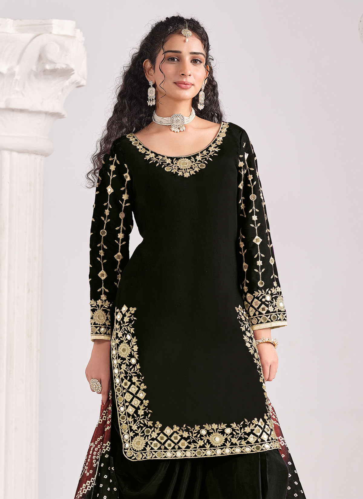 Silk Blend Embroidered Work Punjabi Salwar Suit In Black