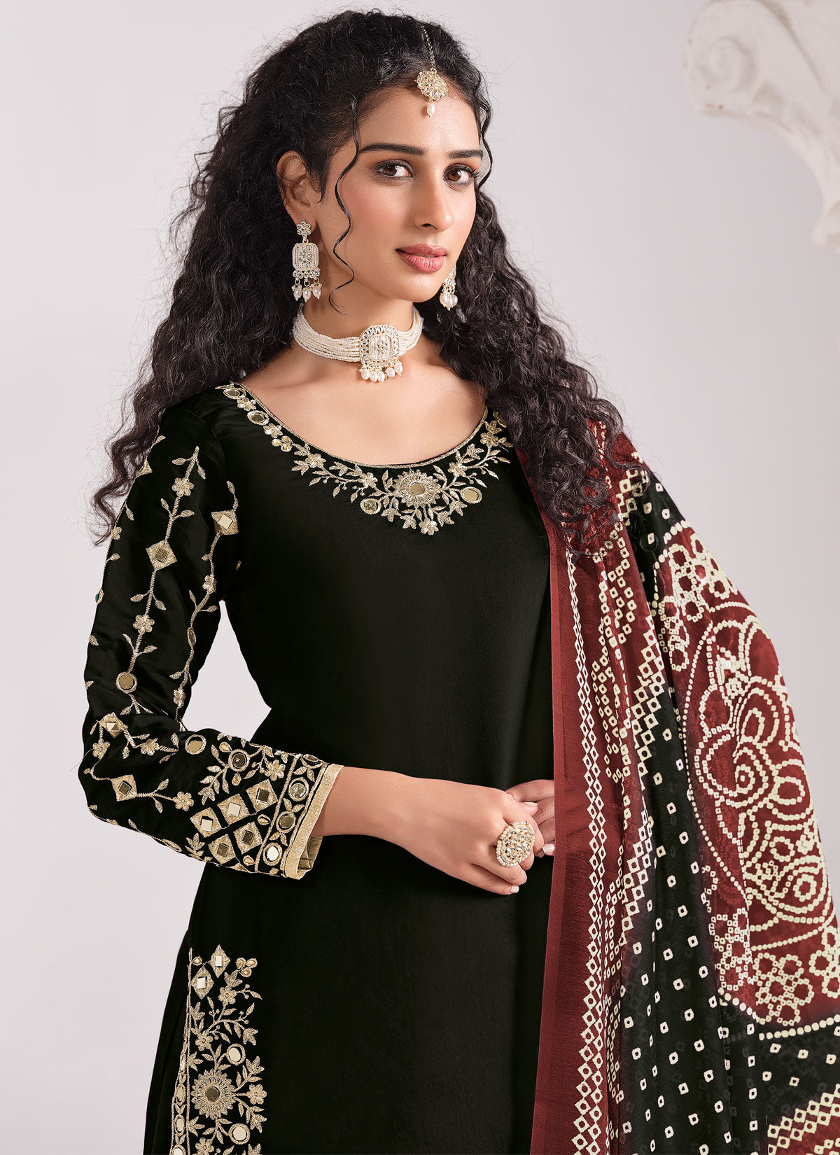Silk Blend Embroidered Work Punjabi Salwar Suit In Black