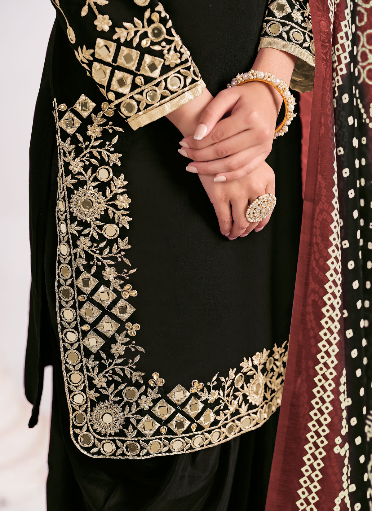 Silk Blend Embroidered Work Punjabi Salwar Suit In Black