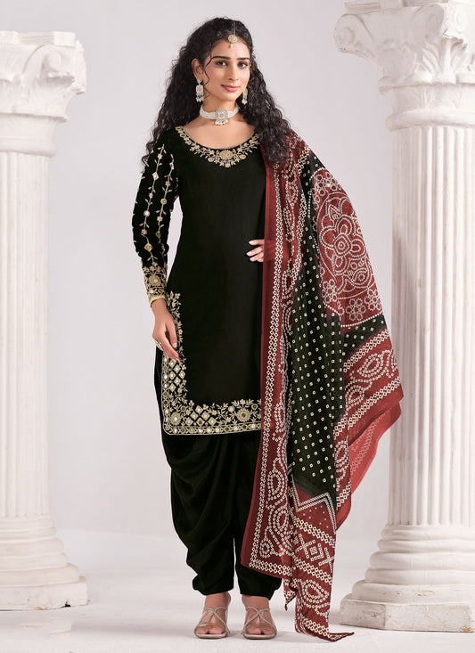 Silk Blend Embroidered Work Punjabi Salwar Suit In Black