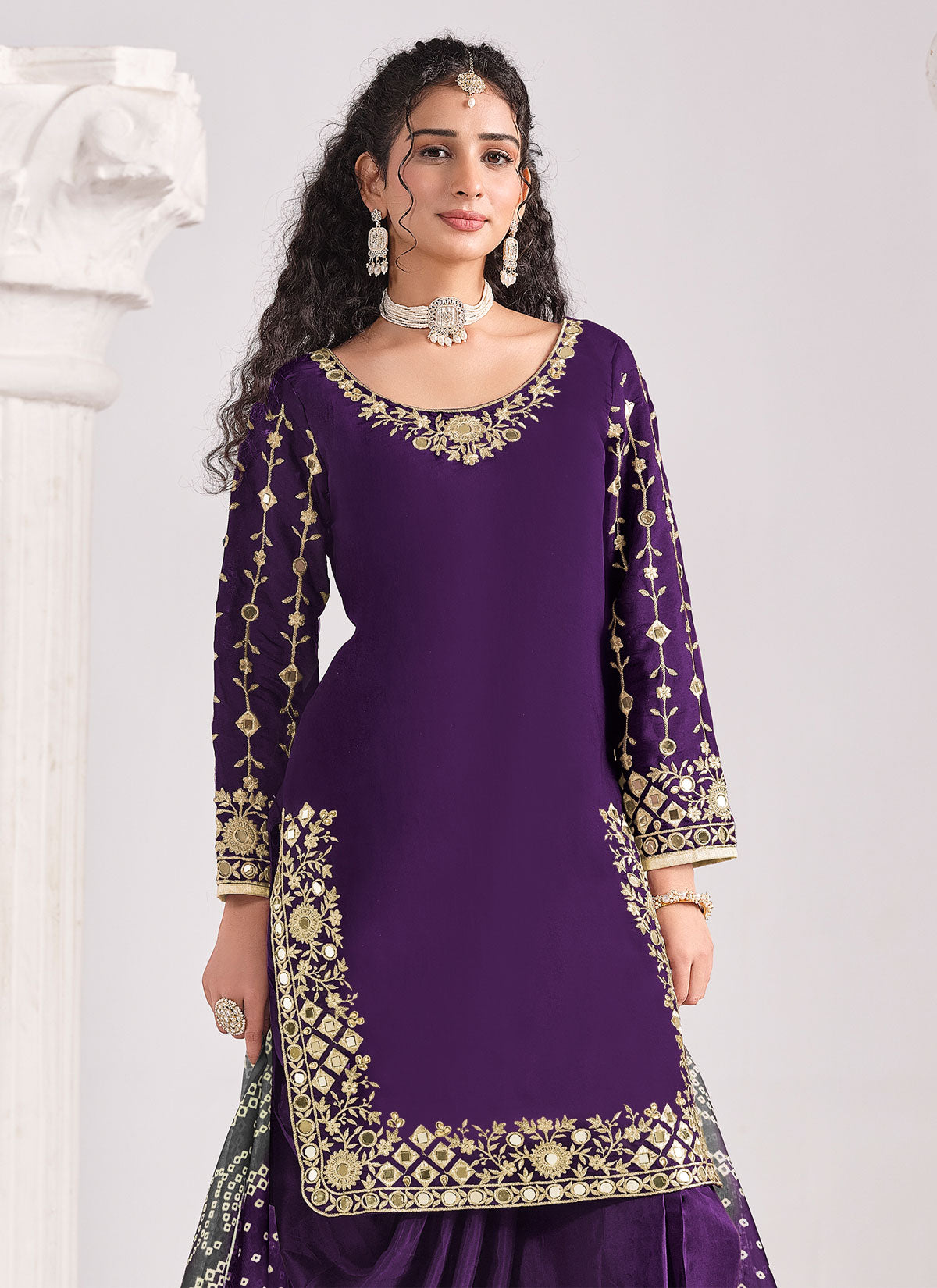 Resham Work Punjabi Salwar Suit For Ceremonial In Purple