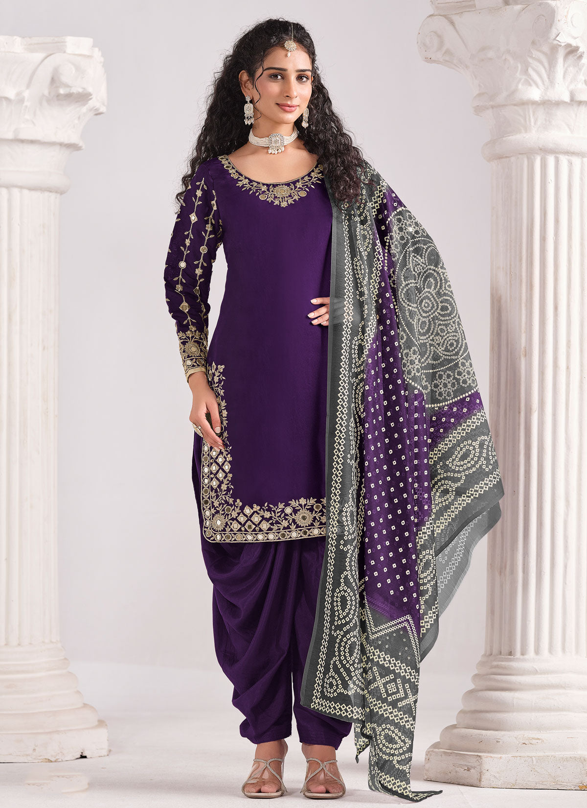 Resham Work Punjabi Salwar Suit For Ceremonial In Purple