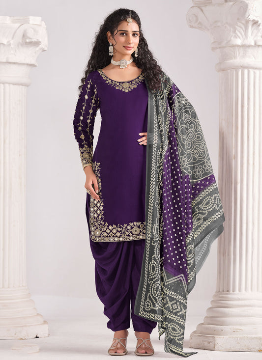 Resham Work Punjabi Salwar Suit For Ceremonial In Purple