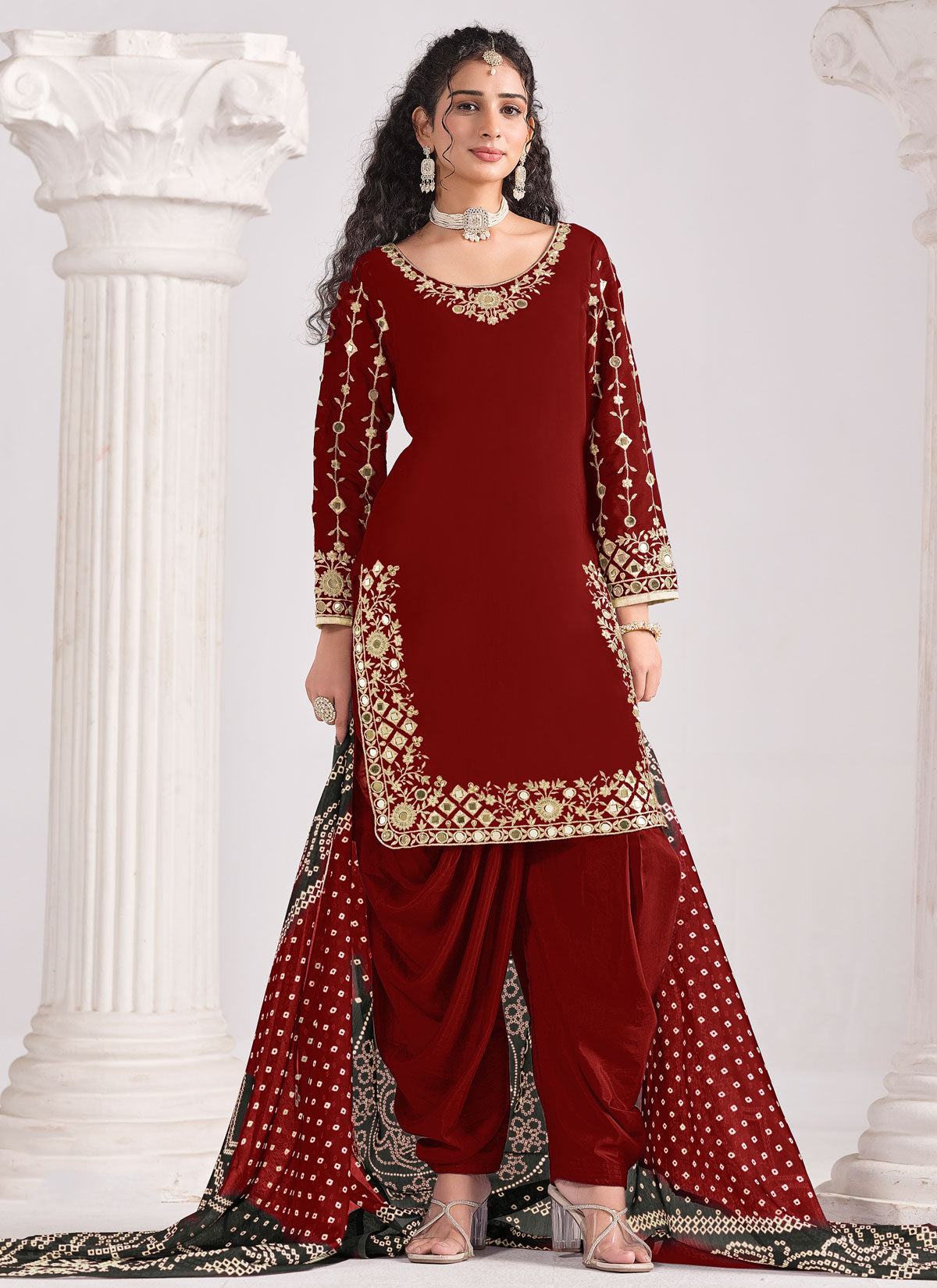 Embroidered Work Silk Blend Punjabi Salwar Suit In Red