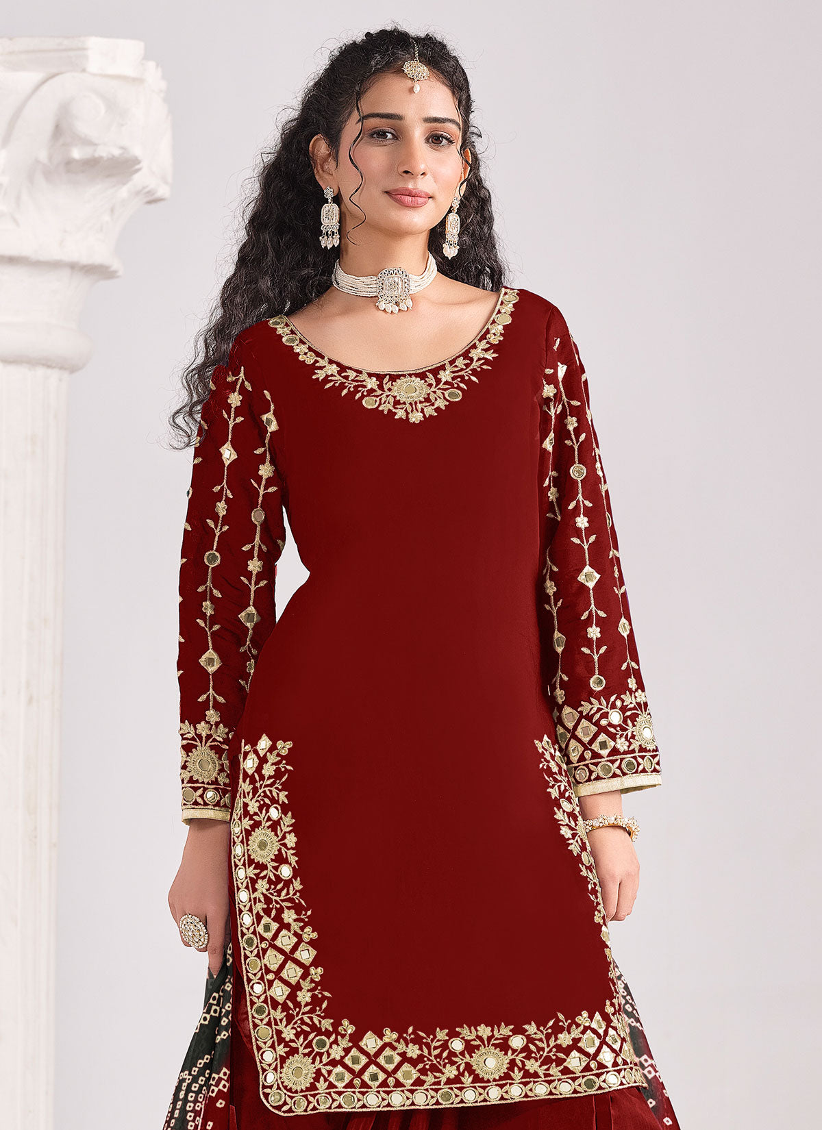 Embroidered Work Silk Blend Punjabi Salwar Suit In Red