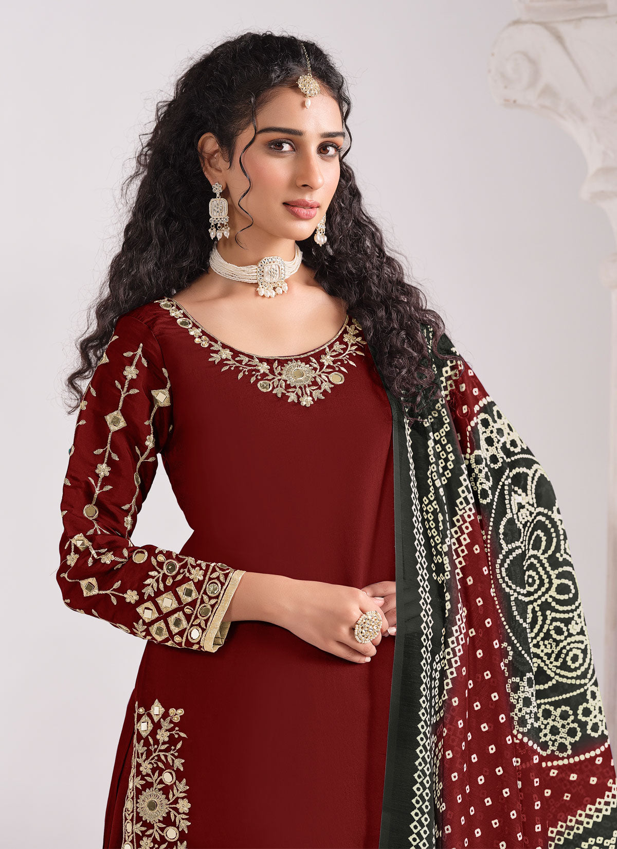 Embroidered Work Silk Blend Punjabi Salwar Suit In Red