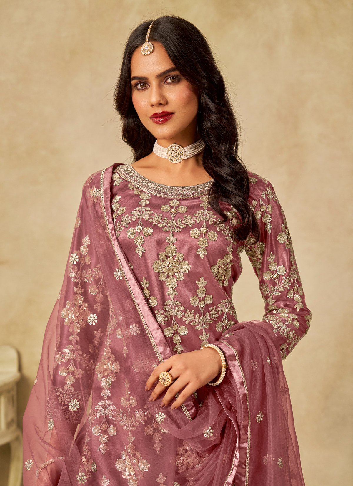 Net Palazzo Suit In Salmon With Embroidered Work For Women