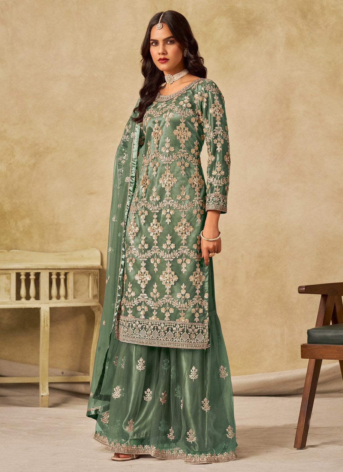Sequins Work Palazzo Style Suit For Ceremonial In Sea Green