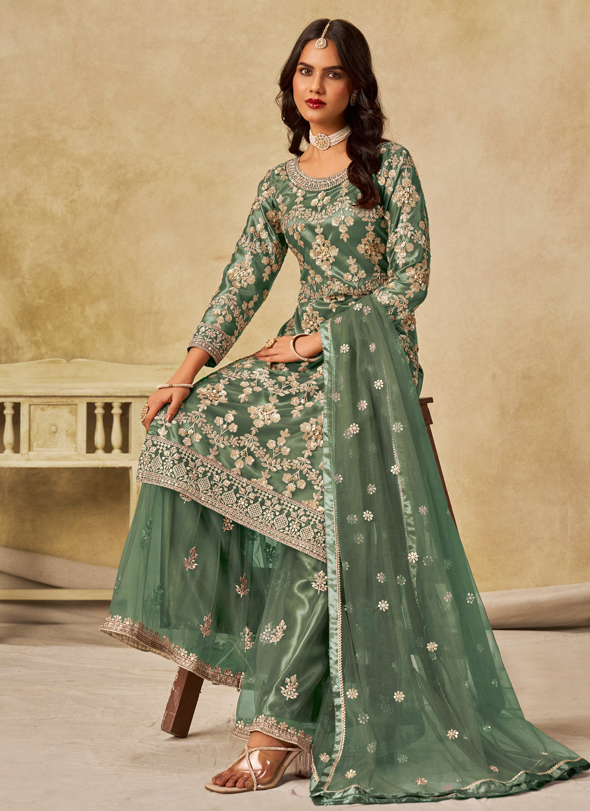 Sequins Work Palazzo Style Suit For Ceremonial In Sea Green