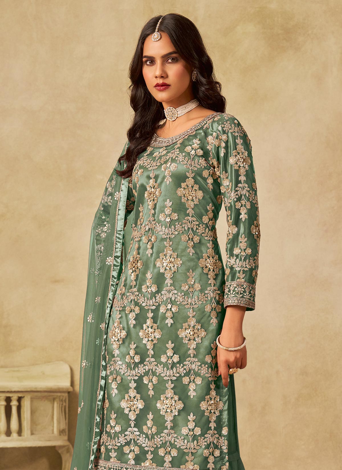 Sequins Work Palazzo Style Suit For Ceremonial In Sea Green