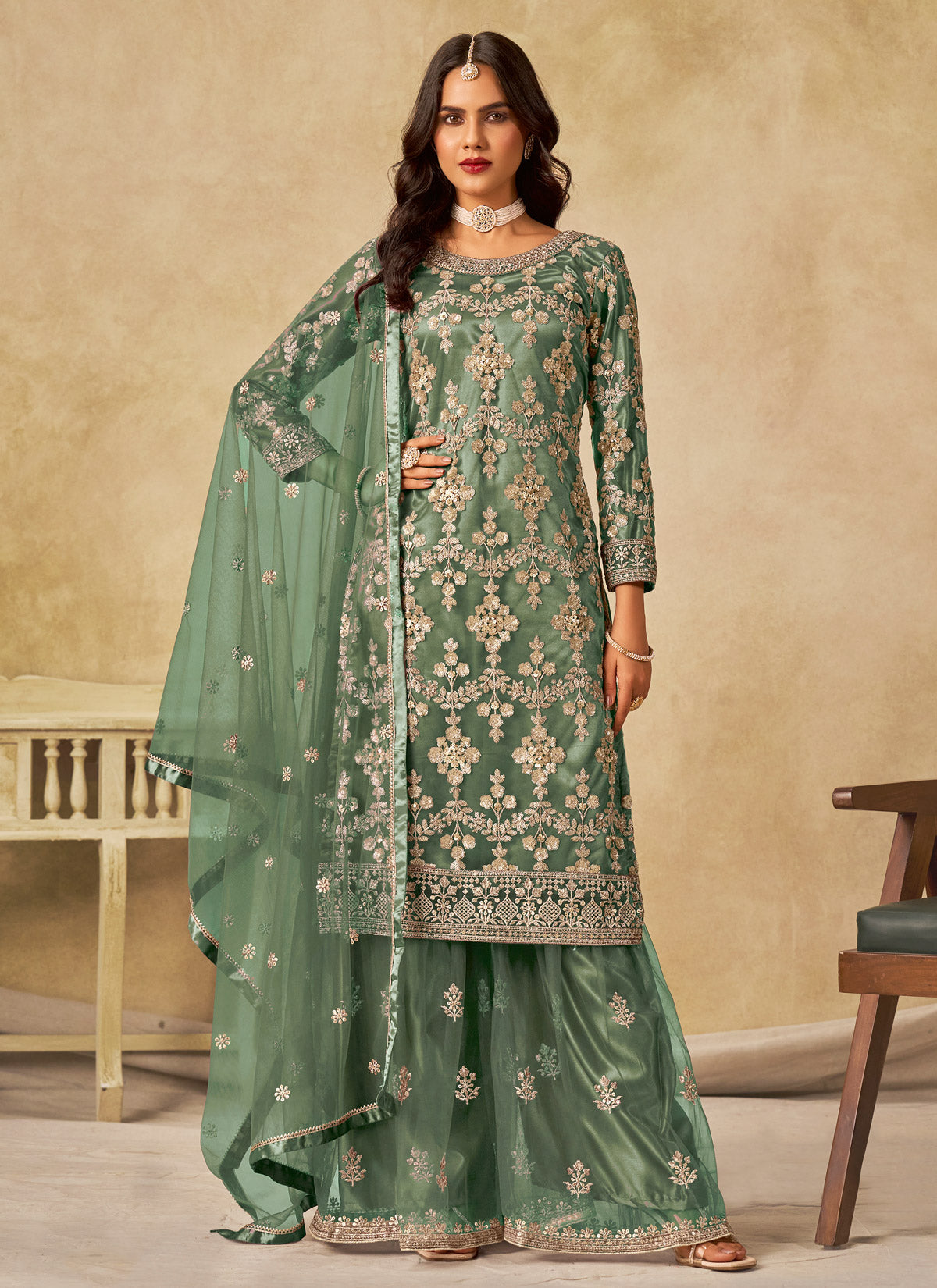 Sequins Work Palazzo Style Suit For Ceremonial In Sea Green