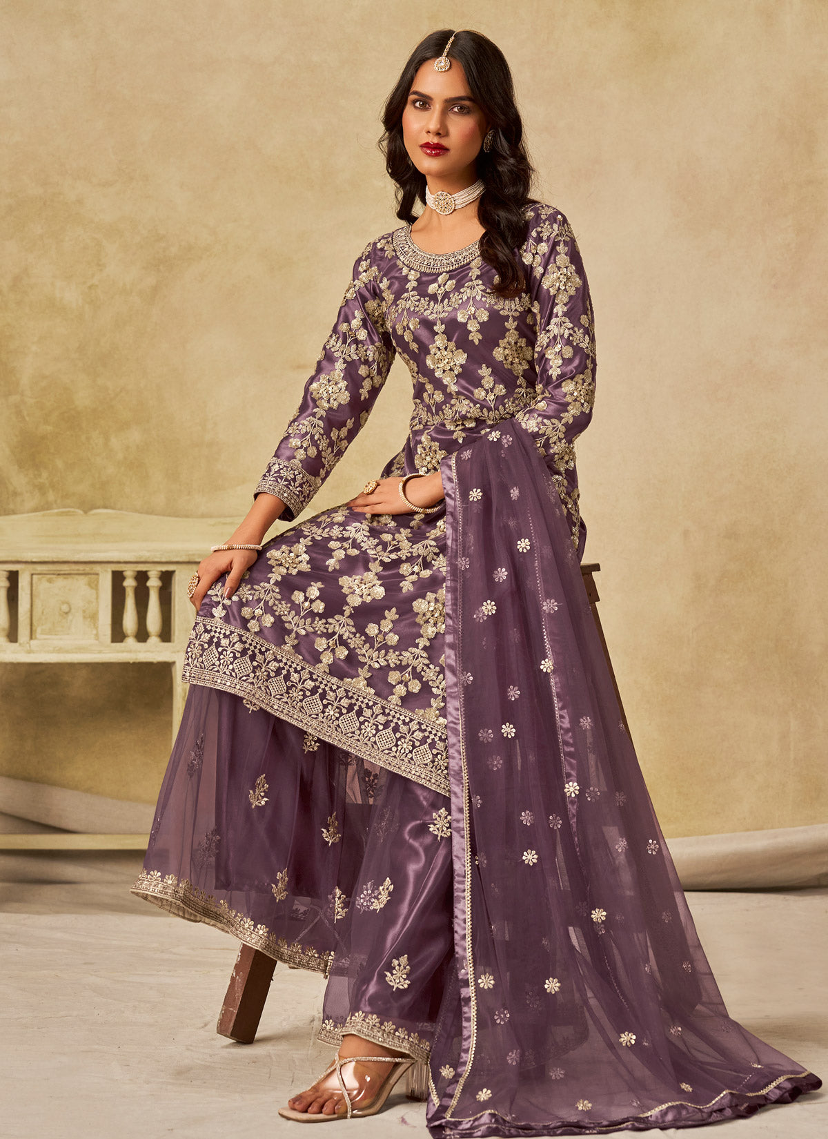 Net Palazzo Style Suit With Resham Work For Women In Violet