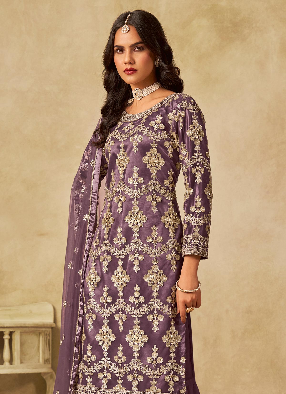 Net Palazzo Style Suit With Resham Work For Women In Violet