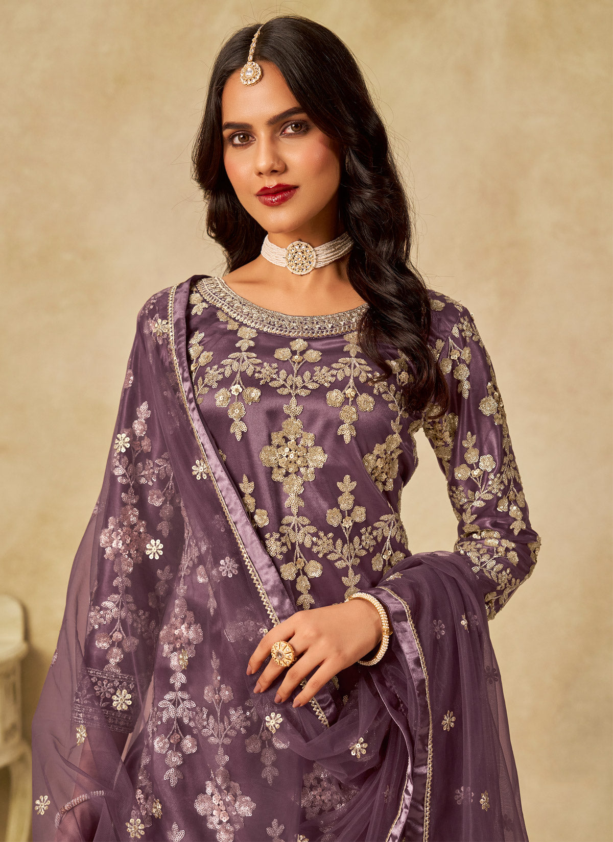 Net Palazzo Style Suit With Resham Work For Women In Violet