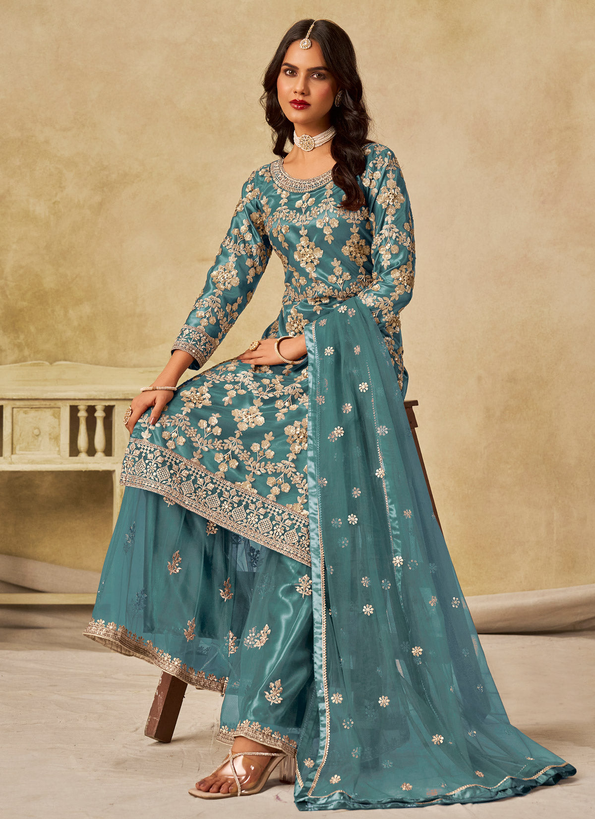 Embroidered Work Net Palazzo Style Suit In Aqua Blue For Women