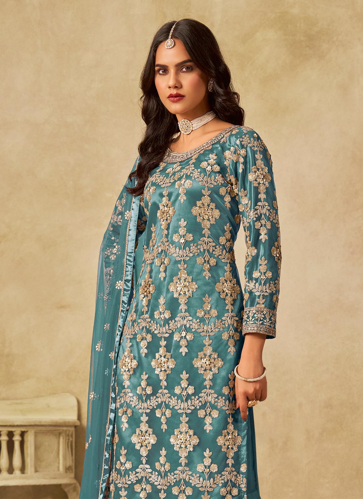 Embroidered Work Net Palazzo Style Suit In Aqua Blue For Women