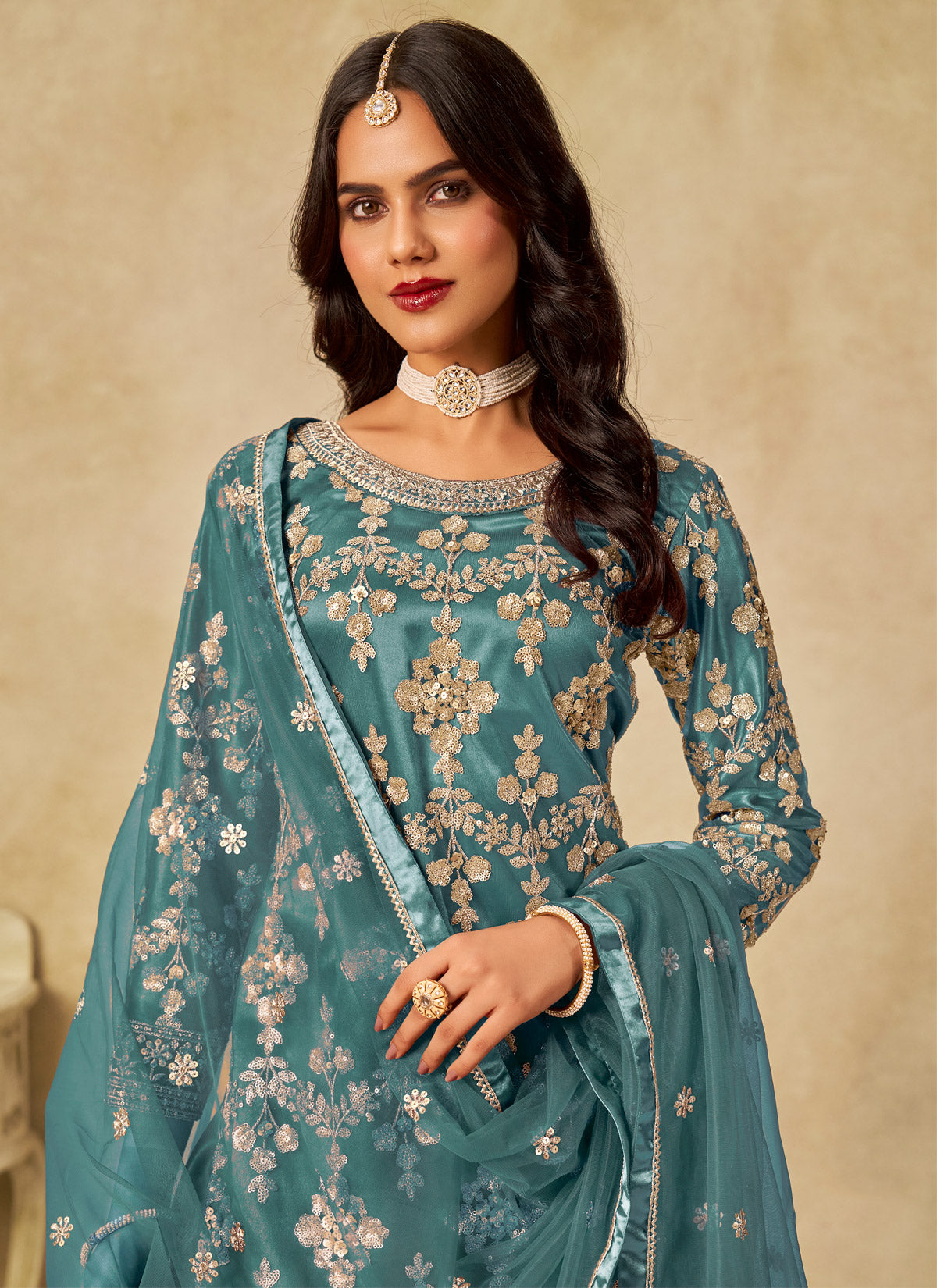 Embroidered Work Net Palazzo Style Suit In Aqua Blue For Women