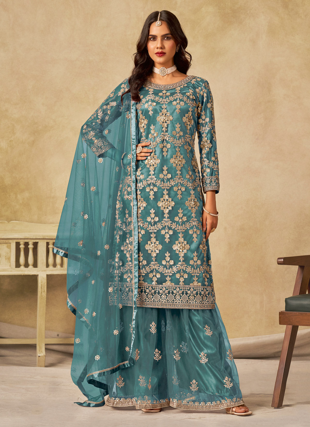 Embroidered Work Net Palazzo Style Suit In Aqua Blue For Women