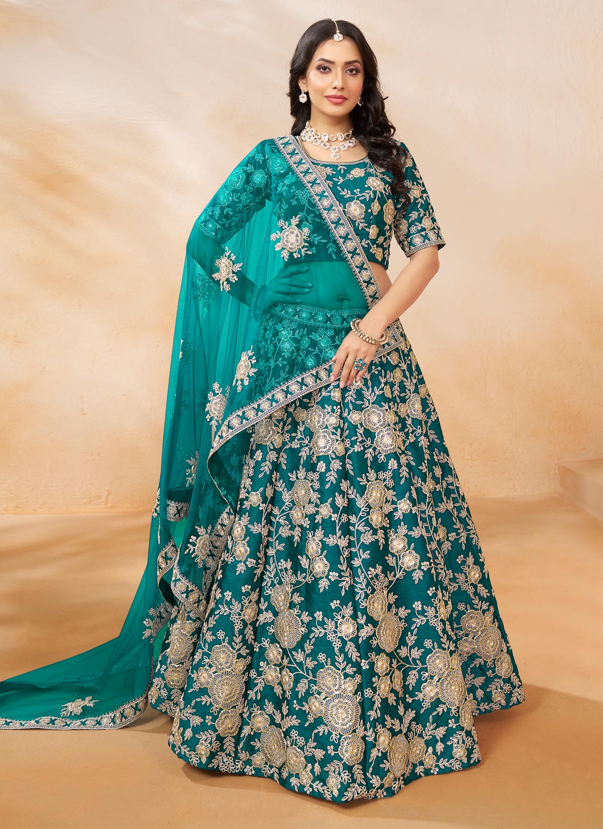 Silk Designer Lehenga Choli In Teal With Resham Work