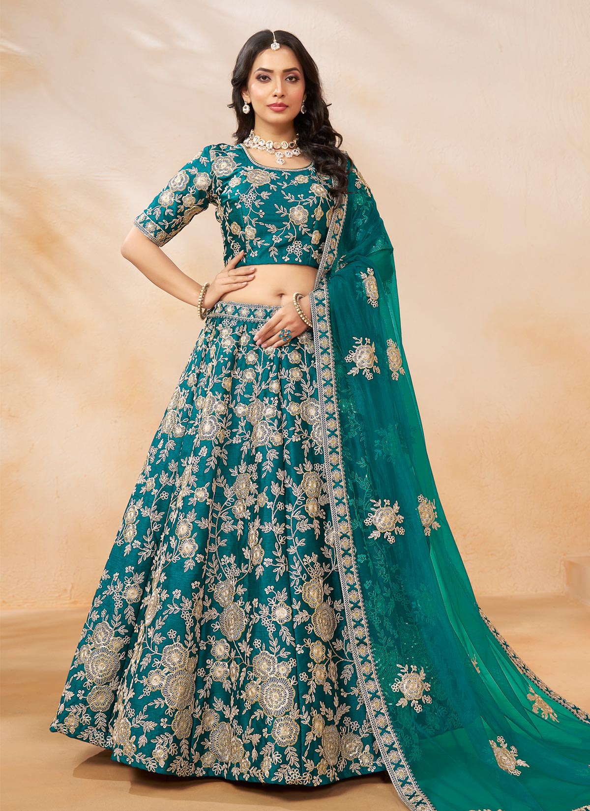 Silk Designer Lehenga Choli In Teal With Resham Work