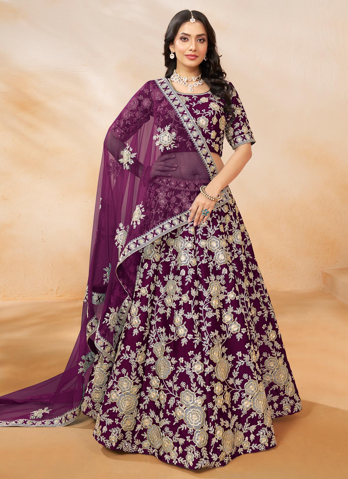 Silk Resham Work Designer Lehenga Choli In Purple
