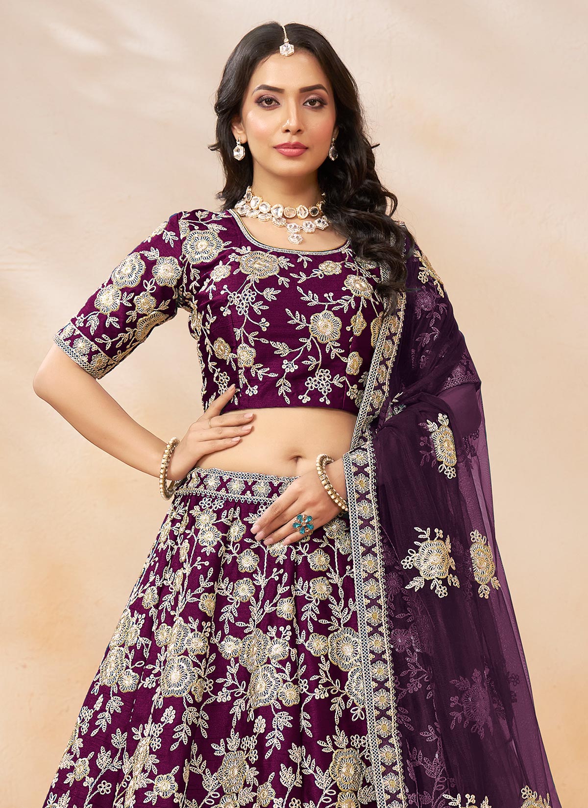 Silk Resham Work Designer Lehenga Choli In Purple