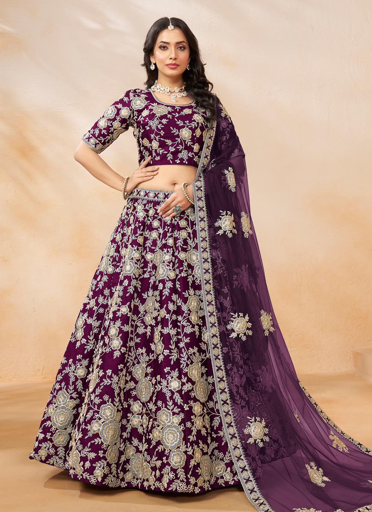 Silk Resham Work Designer Lehenga Choli In Purple