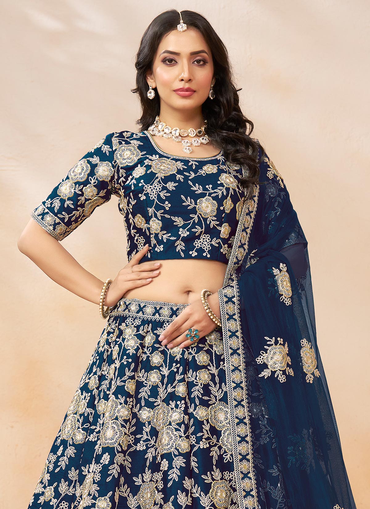 Embroidered Work Silk Designer Lehenga Choli In Navy Blue
