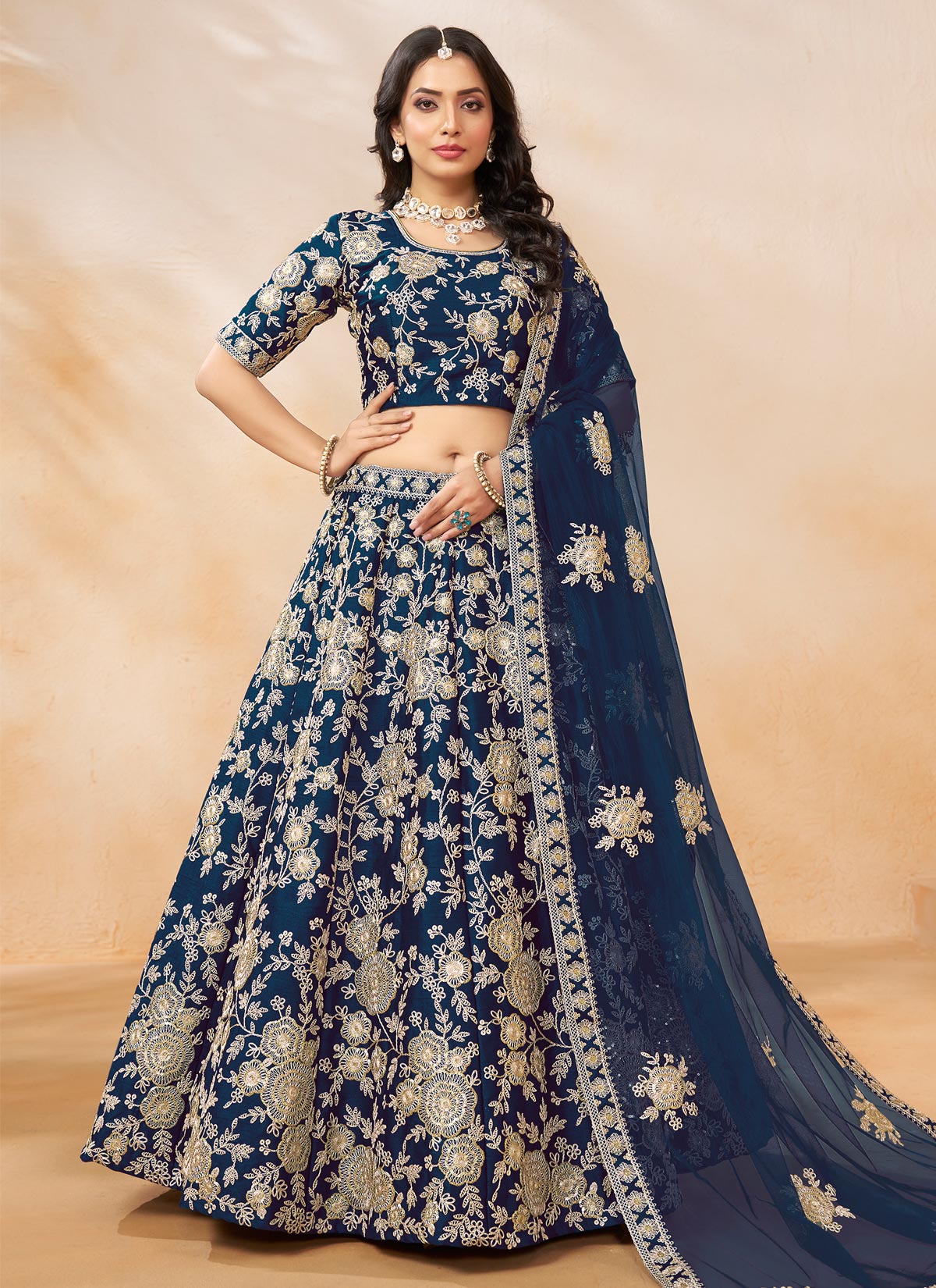Embroidered Work Silk Designer Lehenga Choli In Navy Blue