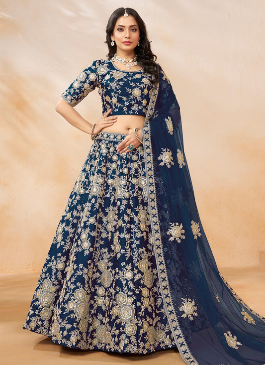 Embroidered Work Silk Designer Lehenga Choli In Navy Blue