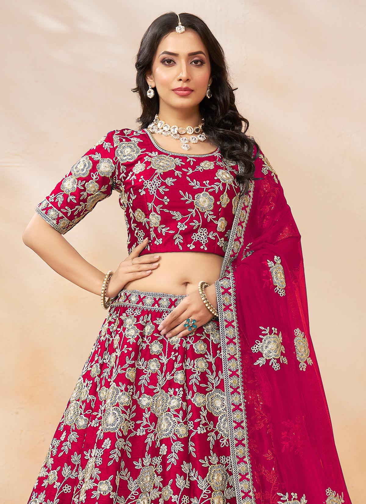 Resham Work Silk Trendy Lehenga Choli In Rose Pink For Women