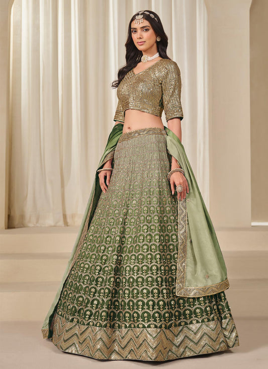 Green Chinon Silk Designer Lehenga Choli With Embroidered Work