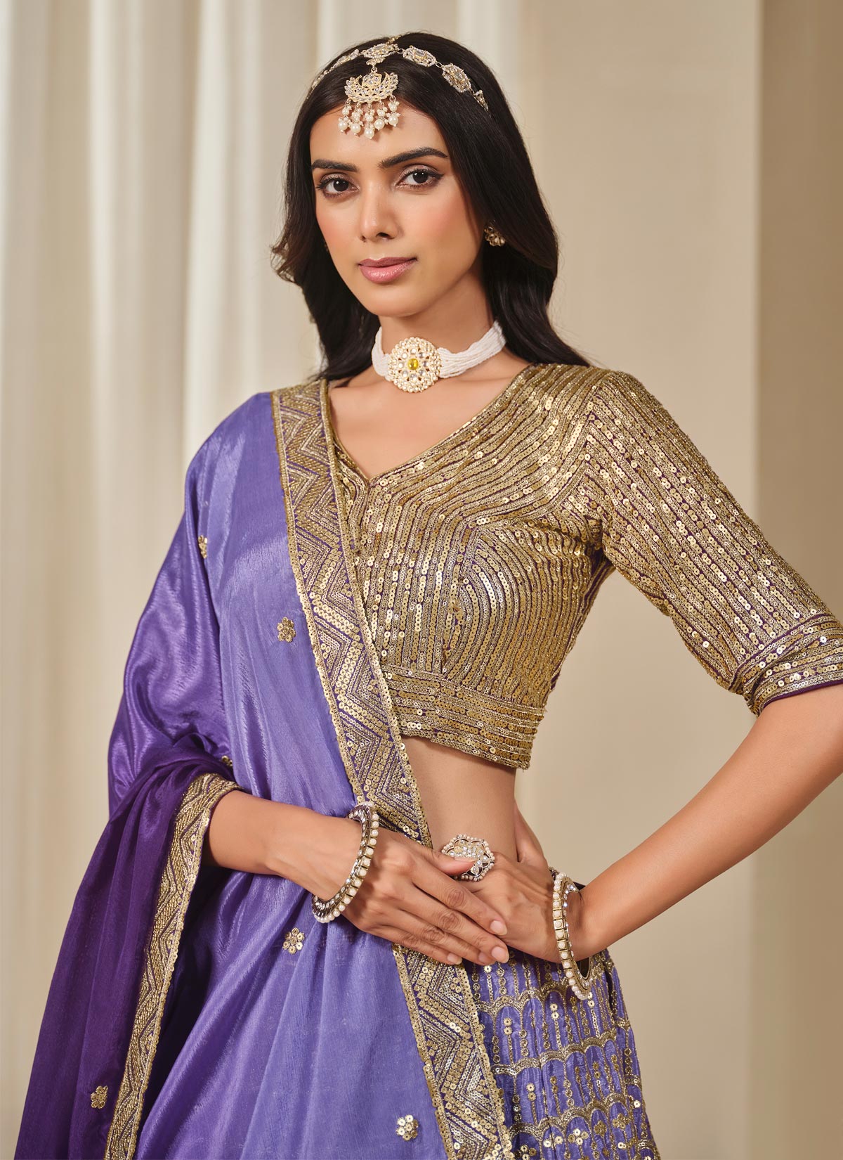 Violet Chinon Silk Designer Lehenga Choli With Embroidered Work For Party